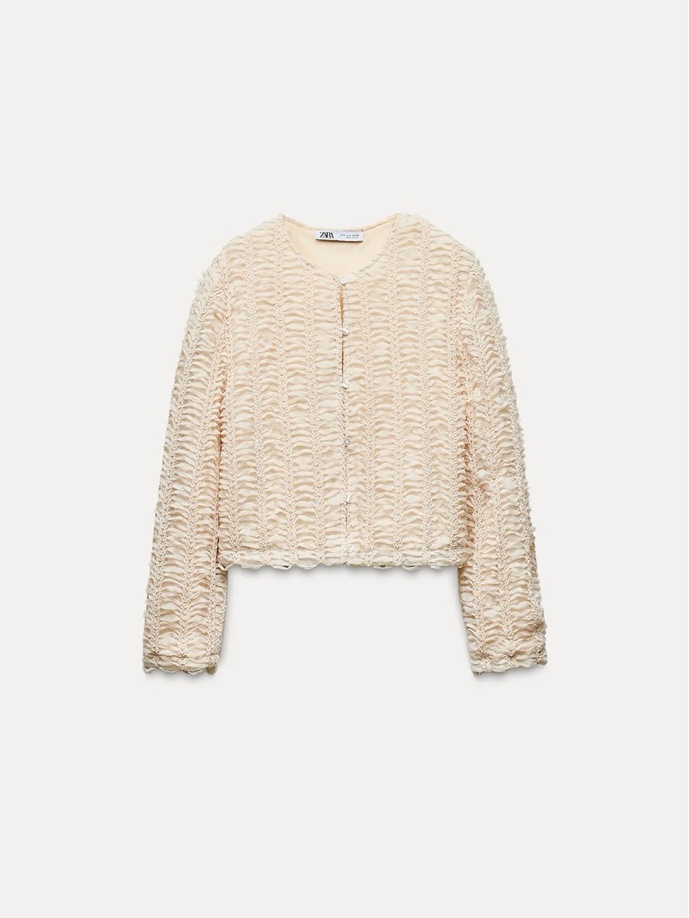 ZARA Structured Cream Ruffle-Textured Cropped Cardigan